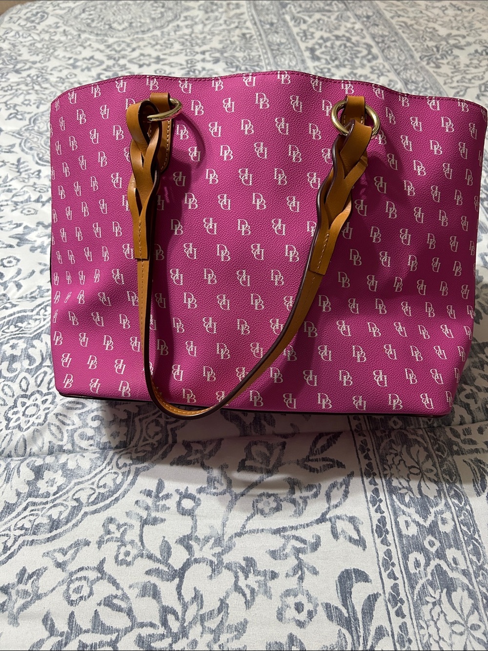 Dooney & Bourke Pink Monogram Tote with Tan Braided Straps